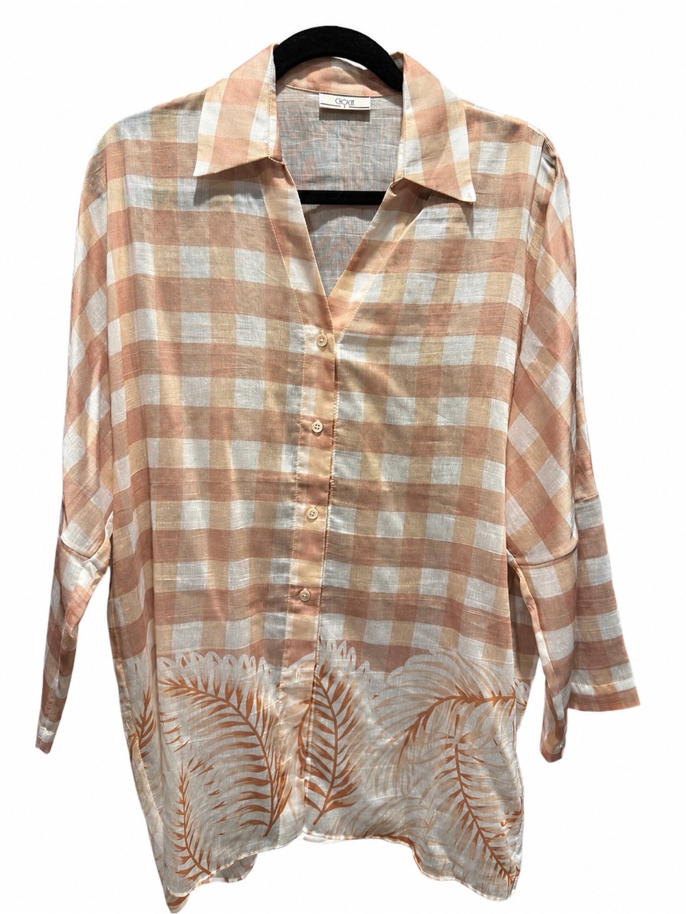 Choices Peach and White Check Button-Front Shirt with Palm Motif